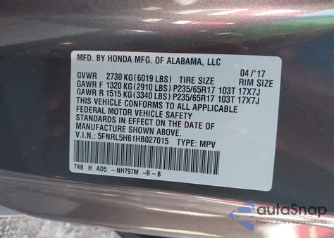 2017 Honda Odyssey Ex-L from USA, damaged, VIN 5FNRL5H61HB027015